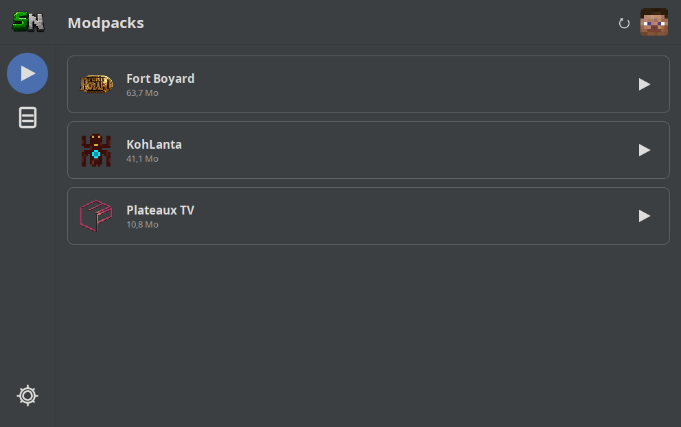 La liste des modpacks dans le launcher