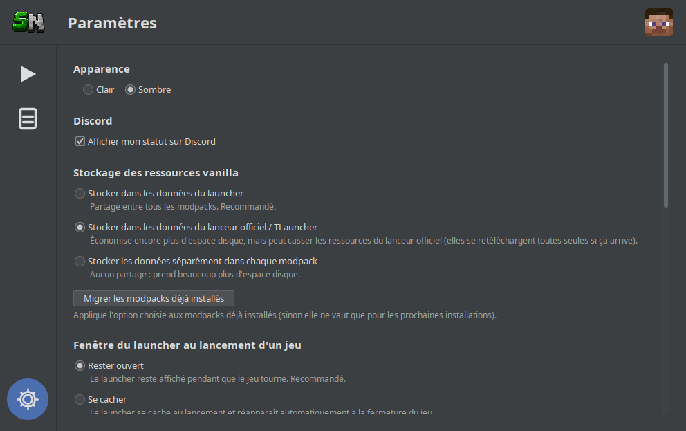 La page des paramètres du launcher